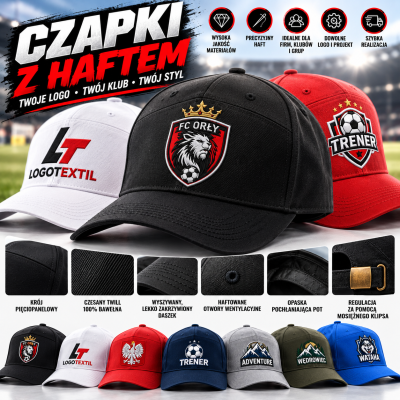 CZAPKI Z DASZKIEM Z HAFTOWANYM LOGO – 10 SZT.